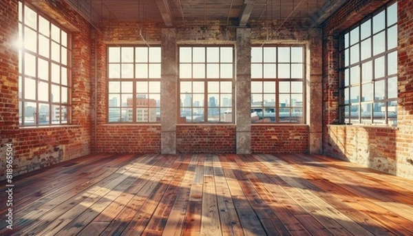 Fototapeta Modern Loft with Parquet Flooring: Wide-angle shot of an empty loft space with parquet flooring, exposed brick walls, and large windows, highlighting the blend of modern and industrial design