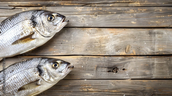 Fototapeta Two fish on a wooden surface with a wooden surface in the background