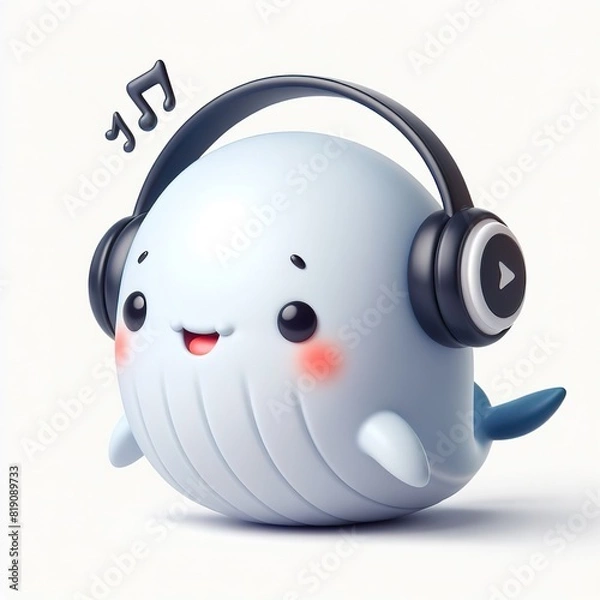 Fototapeta cute 3D funny cartoon Whale with small wireless headphone on head smiling and dancing, white background