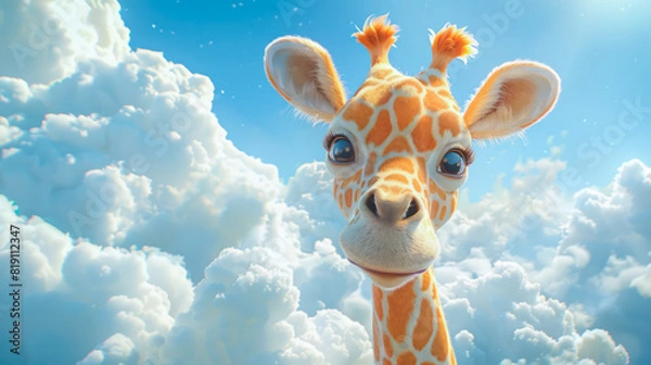 Fototapeta a giraffe with blue sky and clouds background.Generative AI