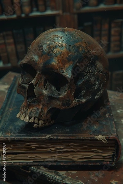 Fototapeta Decayed Skull on Antique Books in Library
