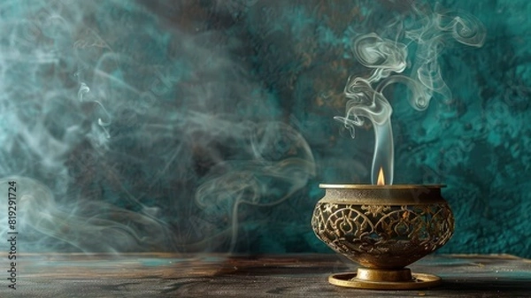 Fototapeta Ornate incense holder with swirling smoke against teal background