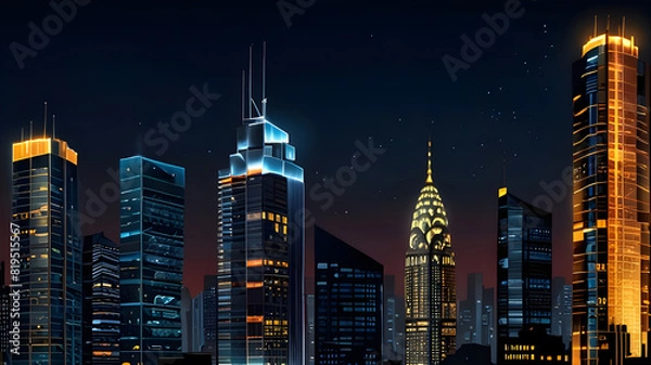 Fototapeta Glossy and artistic neon light effect urban landscapes of modern towering cities and Skyscrapers or Artistic textures and futuristic townscapes ai generative