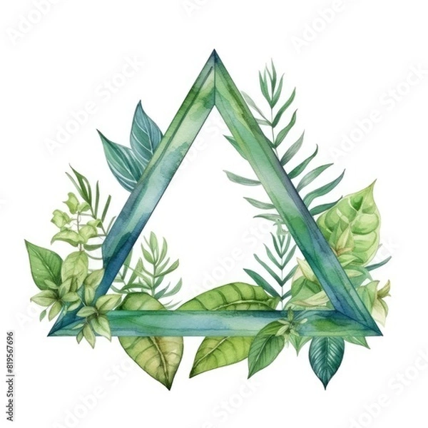 Fototapeta Image of watercolor green leaves triangle frame on a white background. Geometric shape or triangle shape with botanical and nature concept with copy space. Design for invitation, greeting card. AIG35.