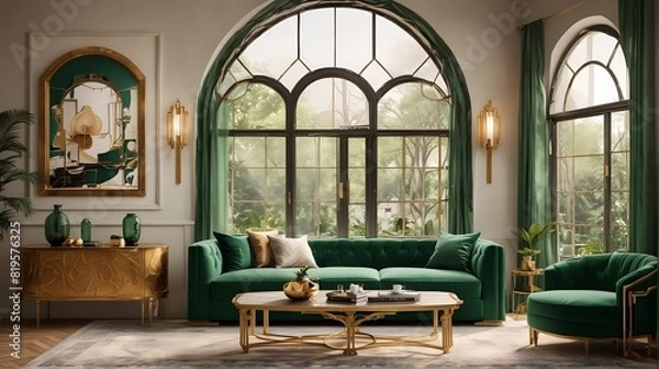 Fototapeta A stylized photo capturing the essence of art deco, showcasing the geometric shapes of the coffee table, the arched window, and the poster frame. side view