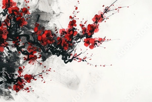 Fototapeta Abstract chinese, japanese ink calligraphy painting. Black and red abstract illustration painted with brush. Red flowers, black wave, cherry blossom on chinese paper. 4K background, wallpaper