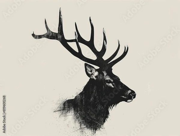 Fototapeta An elegant and vintage stag illustration captures the essence of nature. The black silhouette of the majestic deer's head, adorned with its iconic antlers