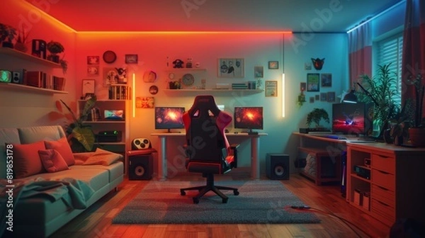 Fototapeta Futuristic Gaming Setup in Cozy Room with Colorful LED Lighting. Generative ai