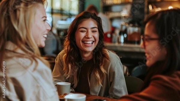 Fototapeta Friends laughing and having coffee at a cozy cafe, showcasing the warmth of social connections.