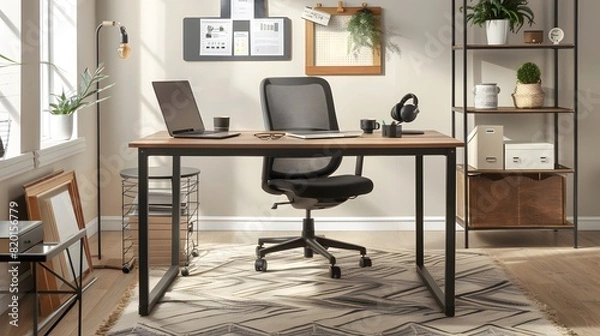 Fototapeta Contemporary Workspace with Ergonomic Chair, Wooden Desk, Laptop, and Organized Shelving in Bright Room