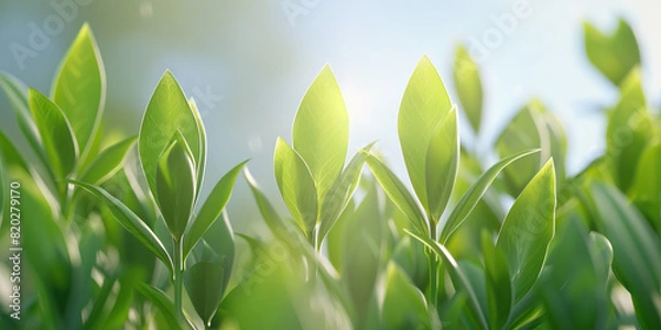 Fototapeta Green buds stretch toward the sky their leaves dancing  in the sunlight.