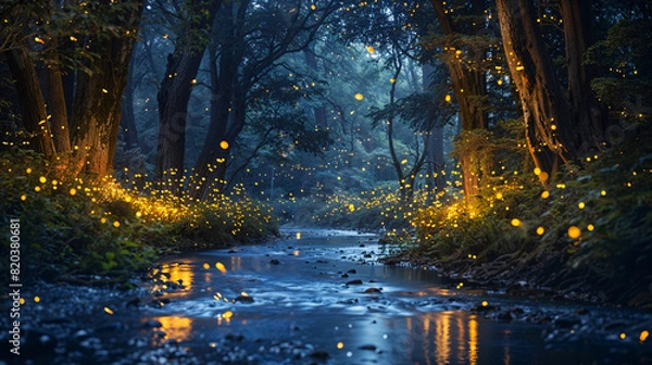 Fototapeta Forest stream illuminated by fireflies at dusk