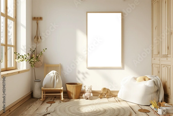 Fototapeta Modern children's room interior with transparent poster frame mockup