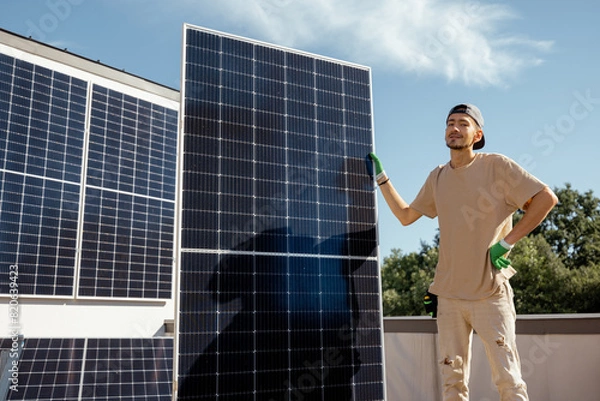 Fototapeta Portrait of a man standing with solar panel on a rooftop of his house during installation process. Owner of property installing solar panels for self consumption