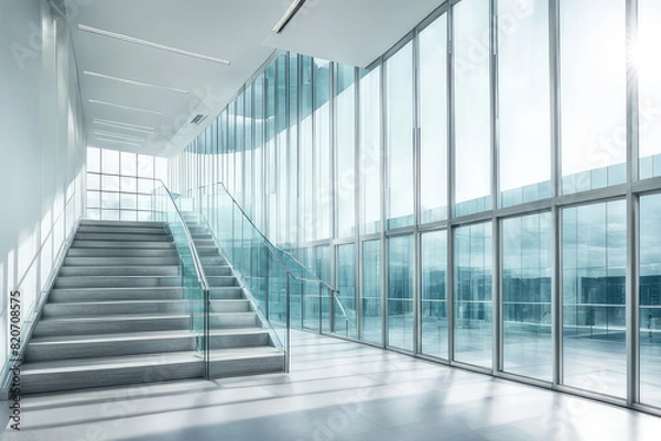 Fototapeta Empty office corridor with glass curtain wall, stair and light from sunlight. Modern building interior background, high key