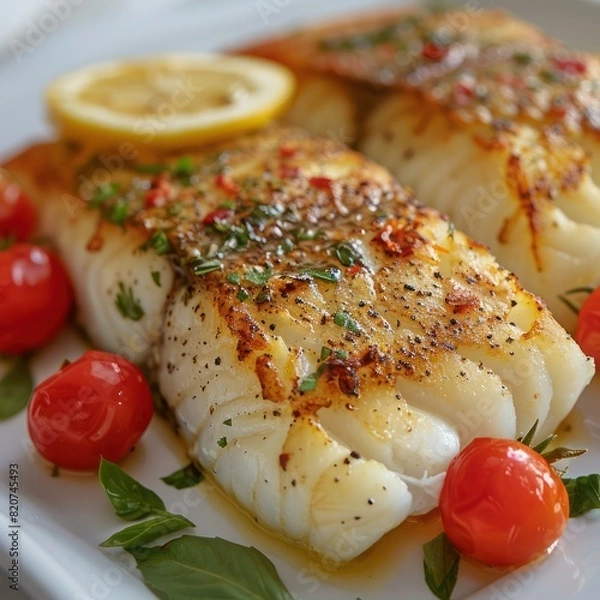 Fototapeta baked cod fish infused with spices and herbs, served with baby tomatoes and a slice of lemon for taste