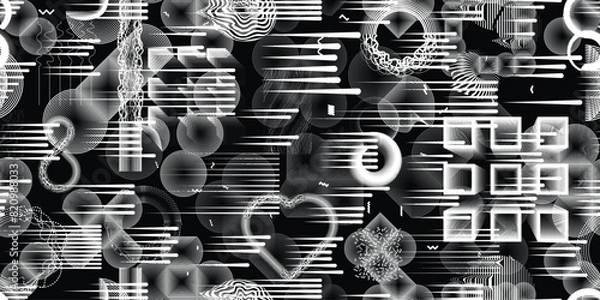 Fototapeta Glitch distorted grungy abstract forms . Cyber punk seamless pattern texture. Halftone dots .Futuristic background . Glitched shapes with dots and lines .Screen print endless pattern texture
