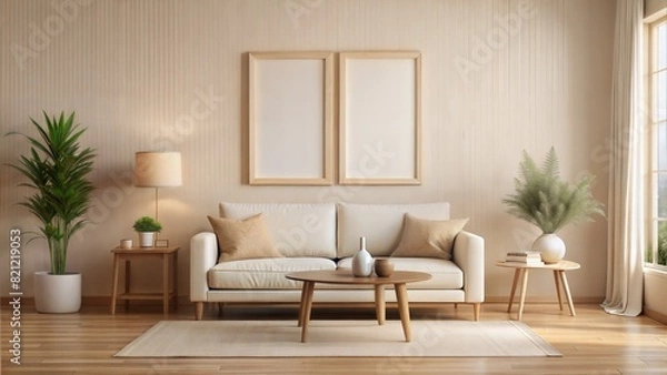 Fototapeta Neutral Living Room Frame Mockup – Beige Frame: A cozy living room with a beige frame on a cream-colored wall, ideal for warm and inviting decor.
