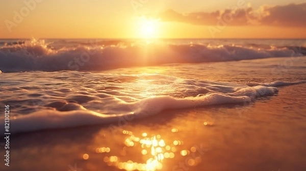 Fototapeta Summer Beach Sunrise with Warm Golden Hues and Gentle Waves in a Wide Angle Shot Capturing the Beauty of a Tranquil Morning Seascape.