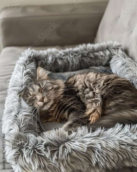 Fototapeta A cat is sleeping in a bed made of fuzzy material