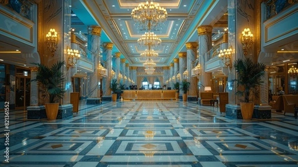 Obraz Elegant Hotel Lobby With Chandelier and Marble Floors