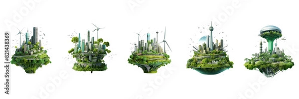 Fototapeta set of A towering skyscraper adorned with solar panels and wind turbines, set against a backdrop of lush greenery on a transparent backgrounds