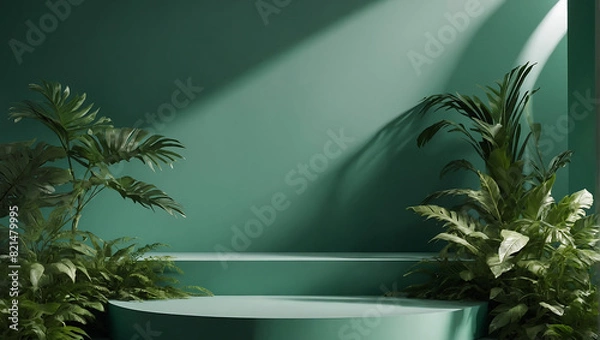 Fototapeta Luxury Green Podium 3D Display Platform for Product Showcasing, Modern Minimalist Minimal Plant Design with Abstract Leaf Pedestal in a Studio Setting