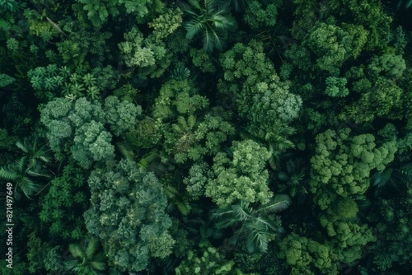 Fototapeta Aerial view of nature green forest and tree. Forest ecosystem, texture of green forest from above.Nature conservation concept.Natural scenery tropical green forest - generative ai