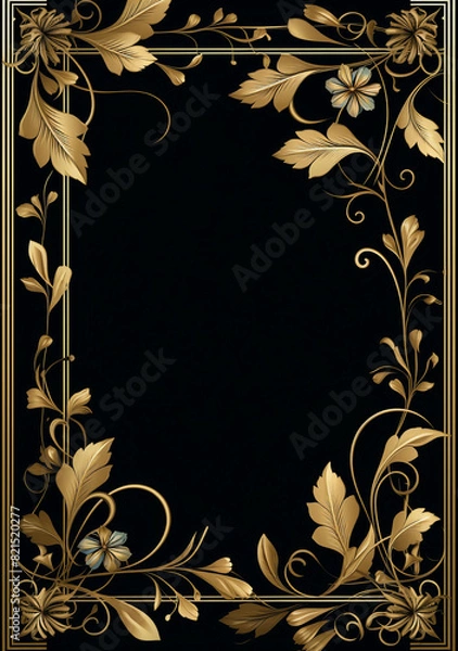 Fototapeta Luxury golden floral frame background vector with blank space for text or title on black color background