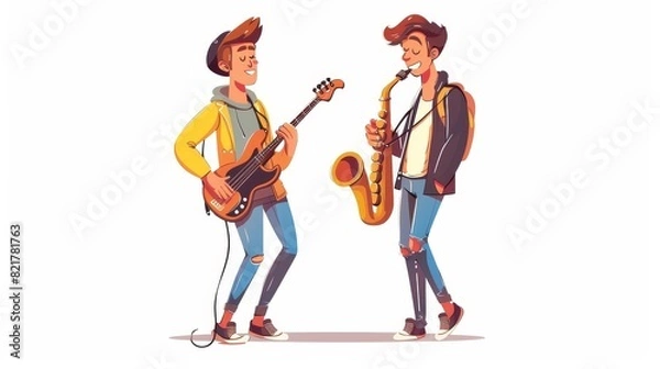 Fototapeta Street musicians playing guitar and saxophone on white background. Modern cartoon illustration of two talented young men performing song to raise money in hats.