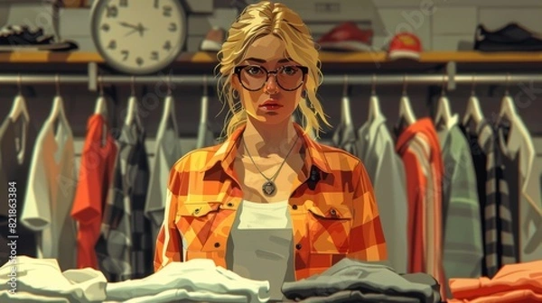 Obraz Illustration of a woman working in a clothing store, arranging a display with a worried expression.