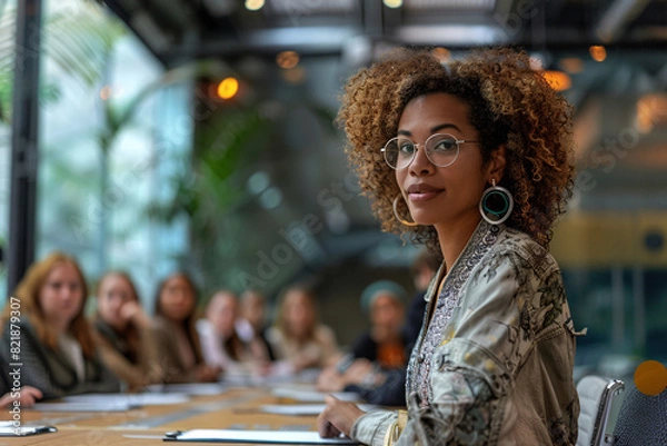 Fototapeta A dynamic businessperson who identifies as LGBTQ+ stands at the head of a conference table, presenting ideas to an attentive team. The scene emphasizes workplace inclusivity and the value of diverse