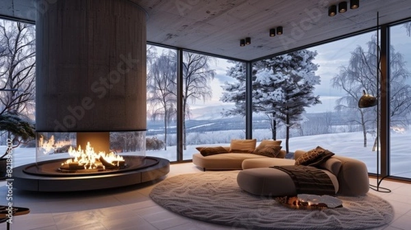 Obraz A modern living room with a cozy fireplace