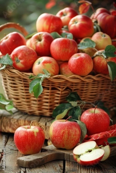 Fototapeta Blossoming apple orchard, trees heavy with rosy apples, basket filled with red, green, yellow fruits