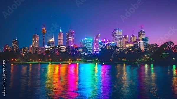 Fototapeta A city skyline lit up with rainbow colors in the evening, celebrating Pride Month