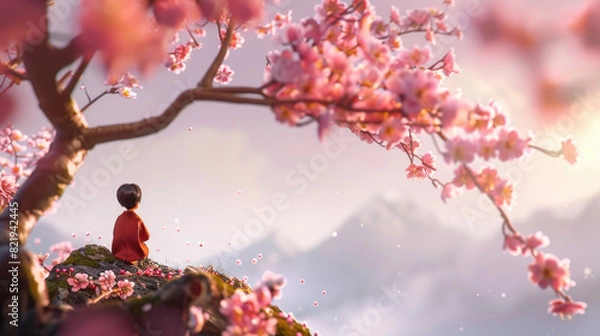 Fototapeta A person sits on a rock under a tree in a peaceful outdoor setting