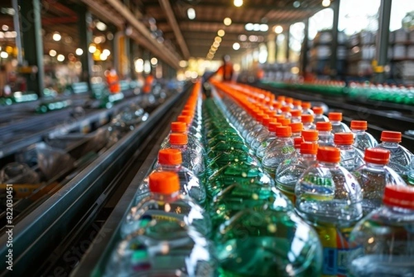 Fototapeta Empty water bottles on conveyor belt