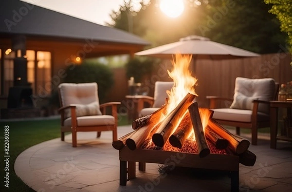 Fototapeta Bonfire in the backyard, beautiful patio