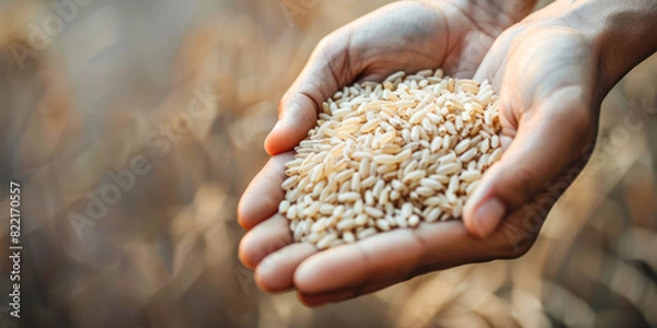 Fototapeta Hands Holding Brown Rice Grains. Close-up of hands holding a pile of brown rice grains, symbolizing health and sustainability.