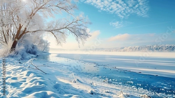 Fototapeta Serene Winter Wonderland: Majestic Frozen Lake Glowing under Subzero Temps - Embrace the Chill and Find Beauty in the Icy Stillness. Photo by: Frozen_lake_with_ice_-5E676.jpg