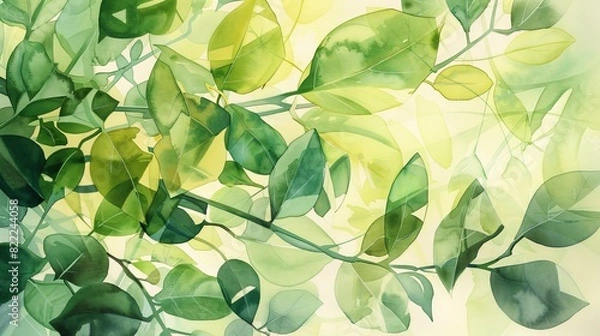 Fototapeta Tranquil watercolor painting of lush green leaves