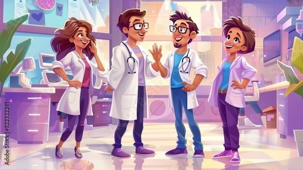 Fototapeta An online medical consultation cartoon ad banner with doctors greeting and gesturing. Medical services, health care, and hospital ads background.