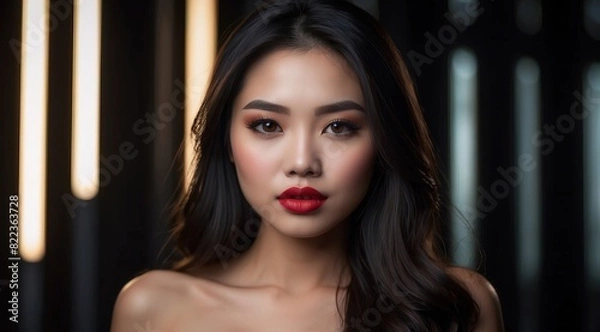 Fototapeta Beautiful attractive asian woman model with long hair on a dark background