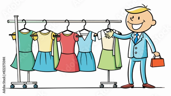 Fototapeta A clothing store manager excitedly hangs up a new line of trendy dresses on display racks. The profit is showcased by the stylish and fashionable. Cartoon Vector