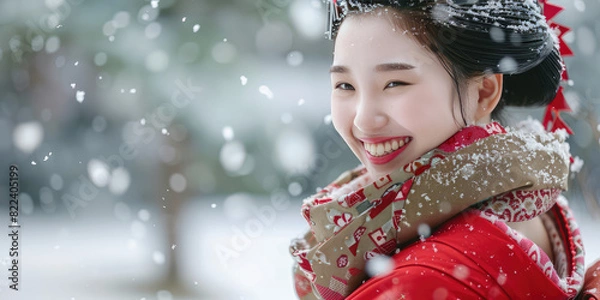 Fototapeta Portrait of a young beautiful smiling geisha woman in traditional clothing outside under falling snow in winter.