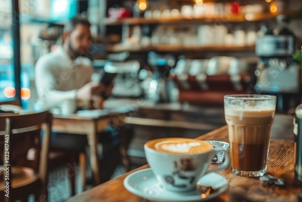 Fototapeta A person is sitting at a table with a white coffee cup and a spoon generated by AI