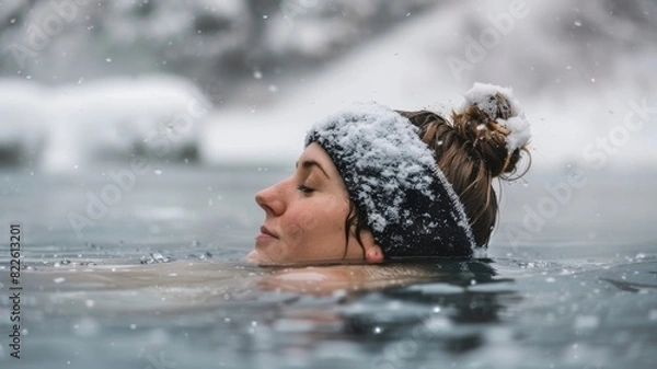 Fototapeta Woman sitting in icy lake. Cold plunge.