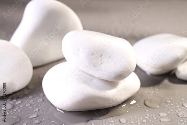 Fototapeta White spa stones with water drops on grey background