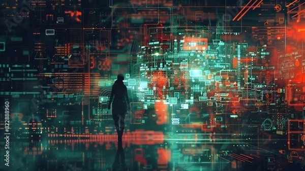 Fototapeta Person in Futuristic Digital Landscape with Abstract Data Visualization