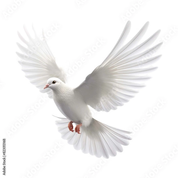 Obraz Free flying white dove isolated on white background. 